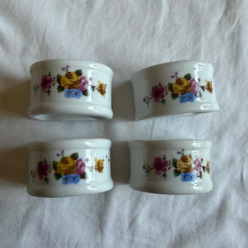 Vintage Genuine Porcelain Floral Napkin Rings D-Shape Set of 4 White Multicolor